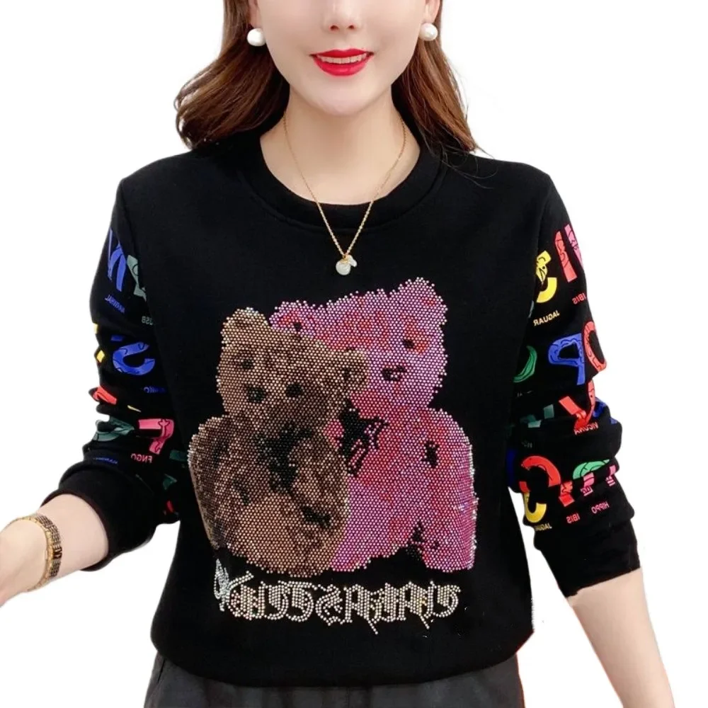 Trendy Women's Long Sleeve Cotton Warm T-shirt Bright Diamond Versatile loose casual round neck long sleeve sweatshirt underwear