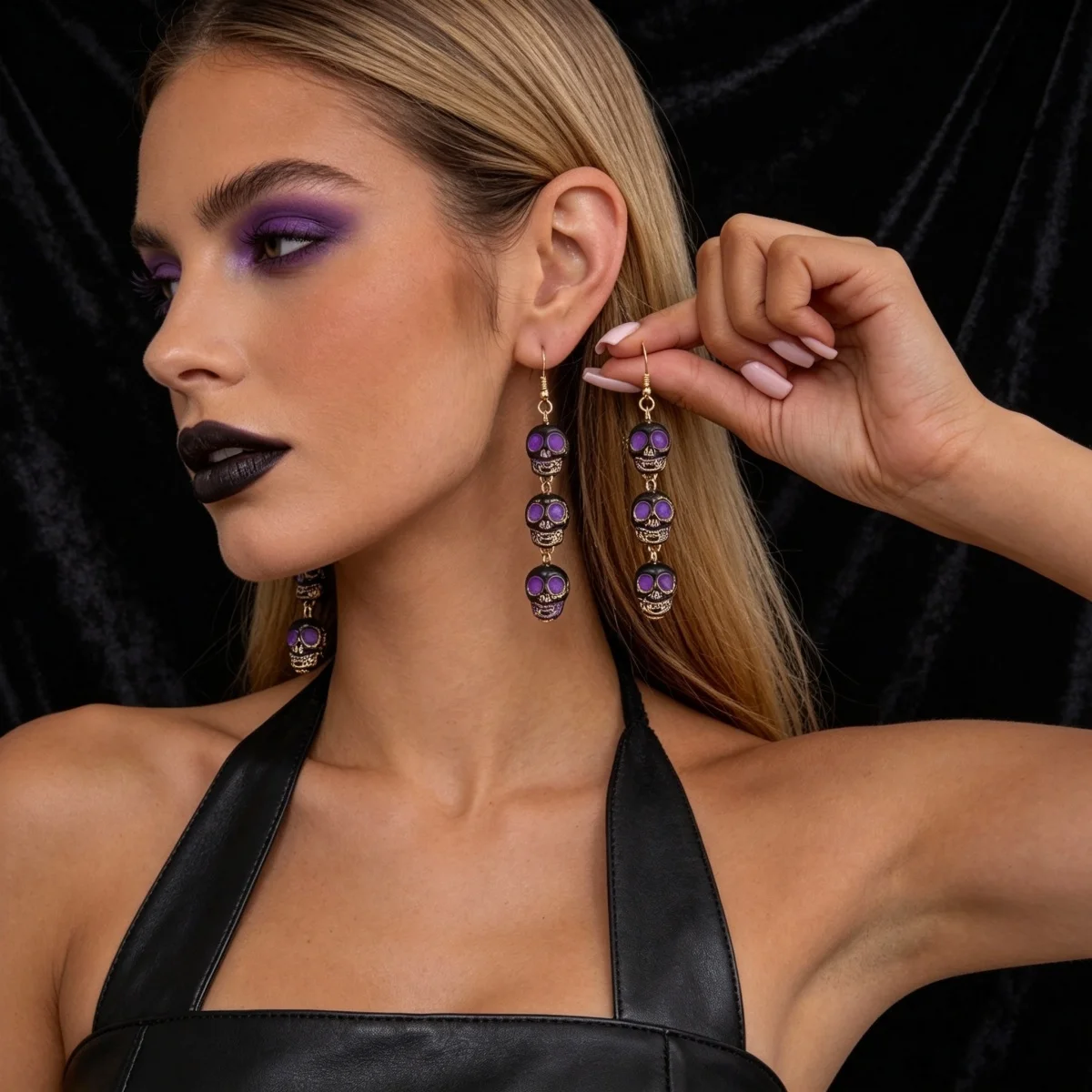 Lila-schwarze, dreifach stapelbare Totenkopf-Ketten-Ohrringe für Damen, Halloween, Gothic, cool, Skelett-Kopf-Ohrringe, Party-Schmuck – Detail 13