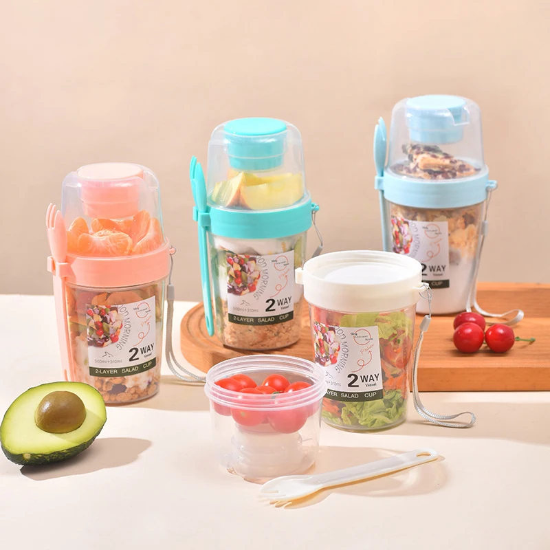 Portable Double Salad Cups Food Cooler Oatmeal Cereal Nuts Yogurt Container Set With Fork School Lunch Boxes