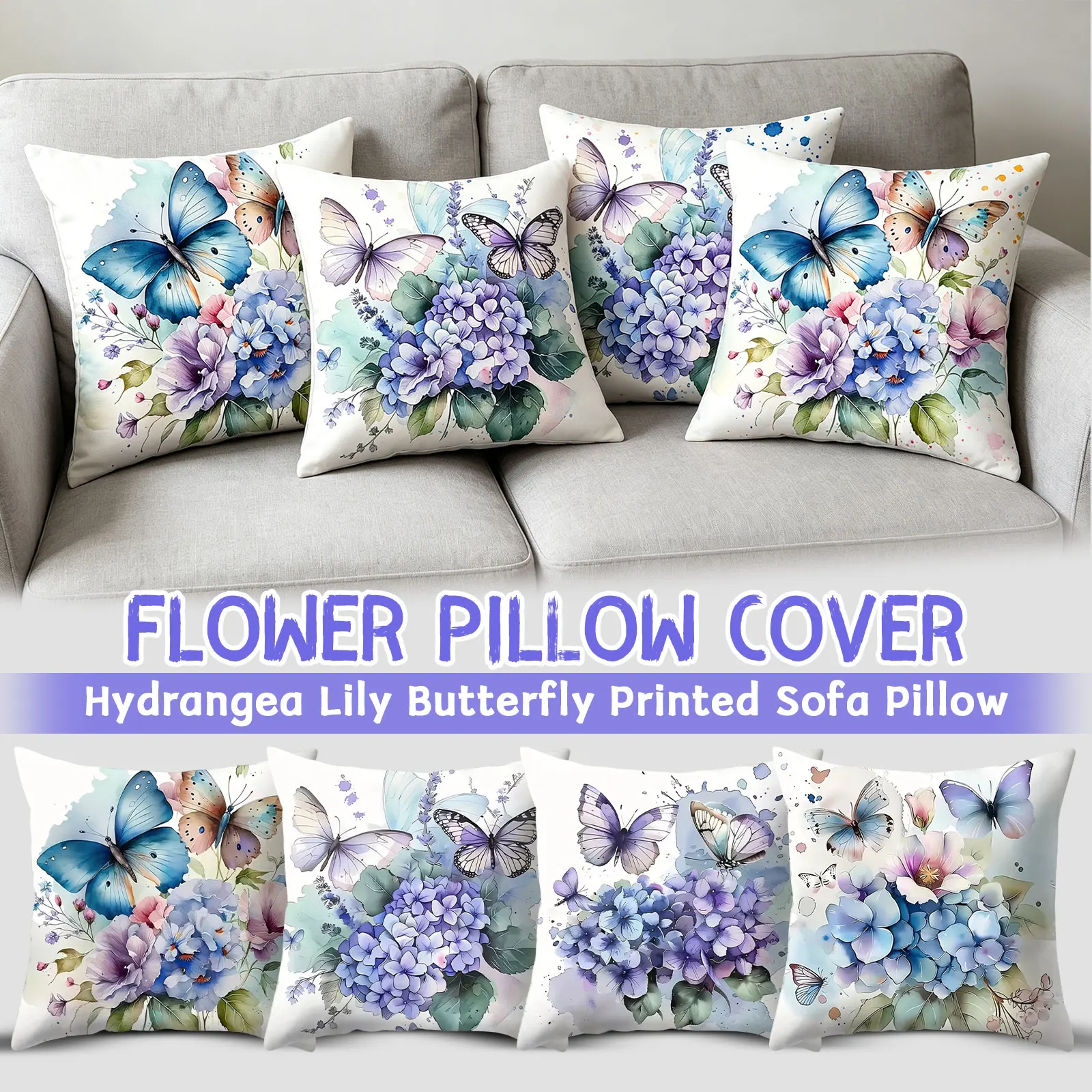 18x18 Inch Square Throw Pillow Cover Hydrangea & Butterfly Print Pillowcase for Sofa Living Room Decor Single-sided Print