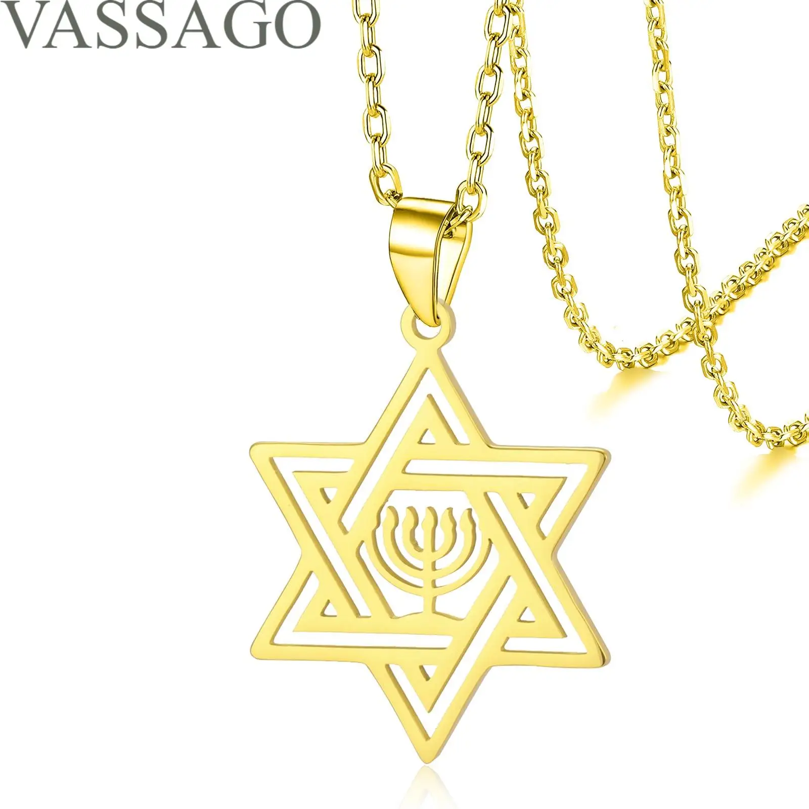 VASSAGO Star of David Necklace Jewish Star with Menorah Necklace Stainless Steel Hanukkah Necklace Israel Religious Jewelry