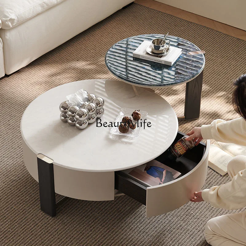 Cream wind coffee table living room 2024 new home creative small apartment marble round