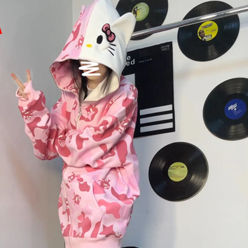 Chaqueta de manga larga de Hello Kitty para mujer, Sudadera con capucha holgada con cremallera, chaqueta cálida de terciopelo con estampado de