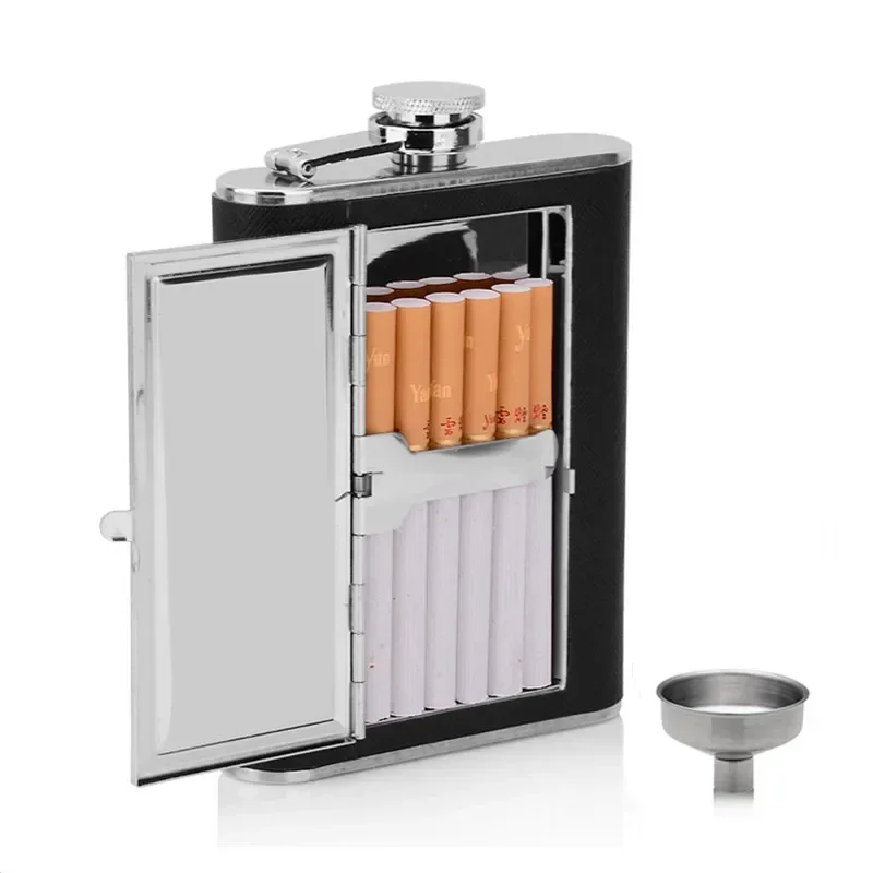 flask with cigarette compartment Creative Cigarettes Case Stainless Steel 304 Hip Flasks PU Leather Whiskey  Alcohol Bottle with Funnel Sets for Gift