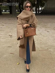 Women Fashion Scarf Collar Wool Blend Coat 2024 Autumn Winter New Single Breasted Overcoat Female Solid Chic Vintage Outerwear