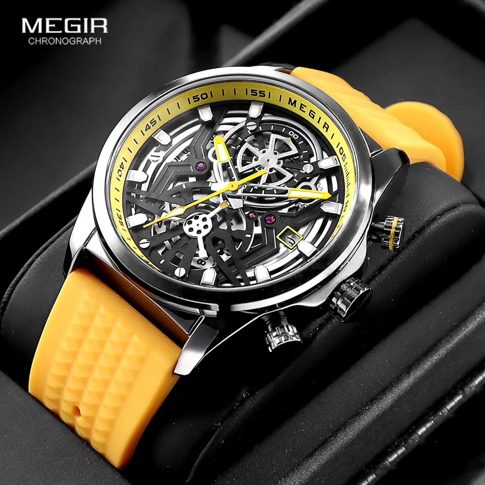 Fashion Megir Brand Chronograph Quartz Men Waterproof Yellow Silicone Strap Sport Wrist Watch With Luminous Hands Auto Date 2235