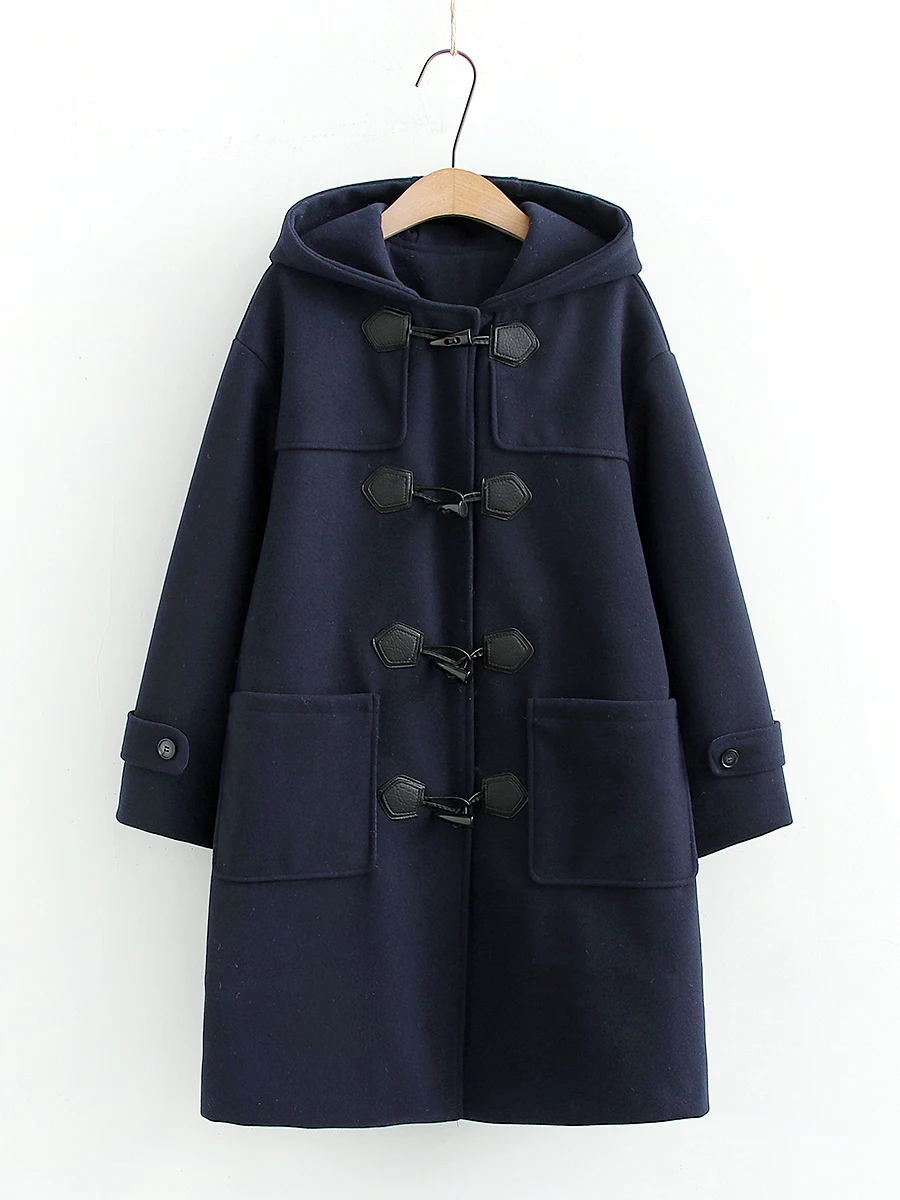 

Thiened Woolen Coat College Sle JK Buttoned Cotton Lined Mid-Length Winter Women's Bear Plaid Outerwear Polyester Fiber