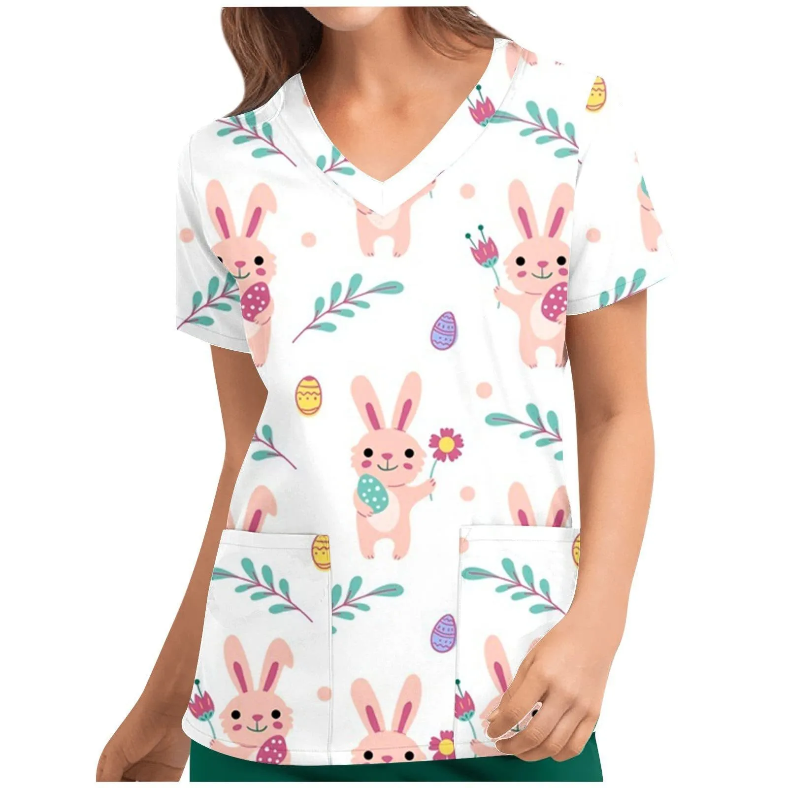 Women\'s medical gown cartoon rabbit 3D printed V-neck clinical gown short sleeved patch pocket top women\'s surgical nurse gown