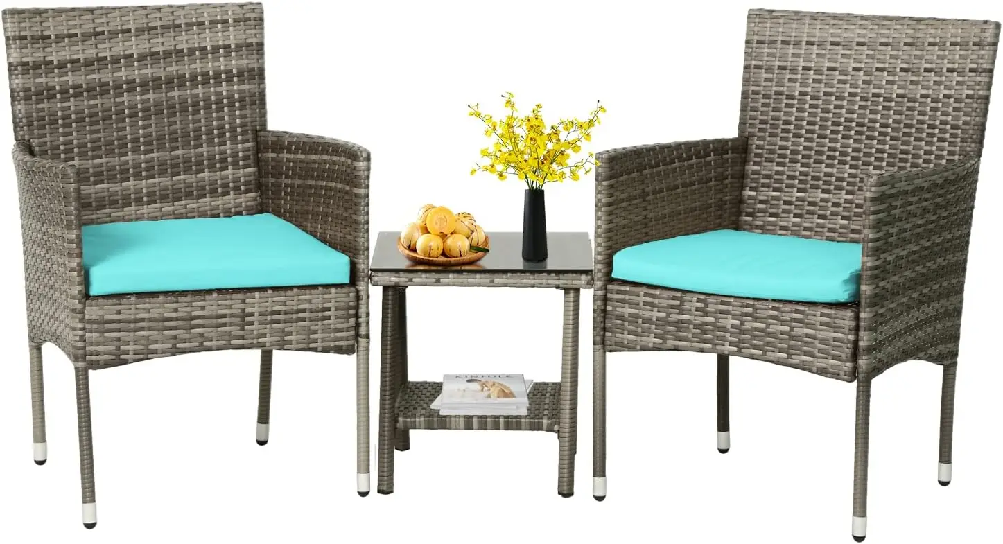 

3 Piece Outdoor Furniture Set Patio Gray Wicker Chairs Furniture Bistro Conversation Set 2 Rattan Chairs with Blue Cushions