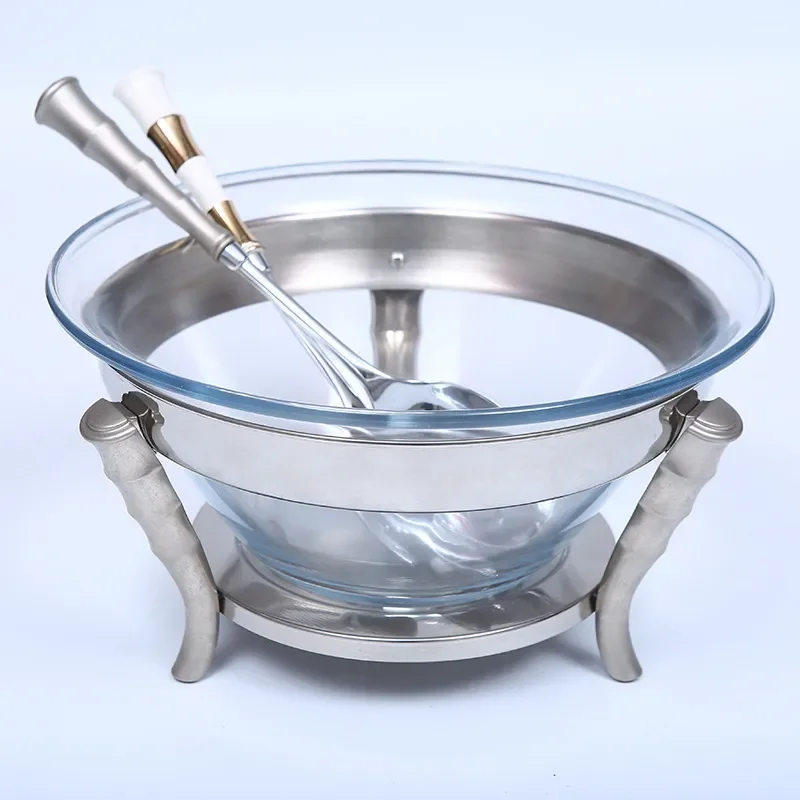 Premium Stainless Steel Glass Salad Bowl Set with Spoon and Fork for Commercial Hotel Restaurant Use Elegant Transparent