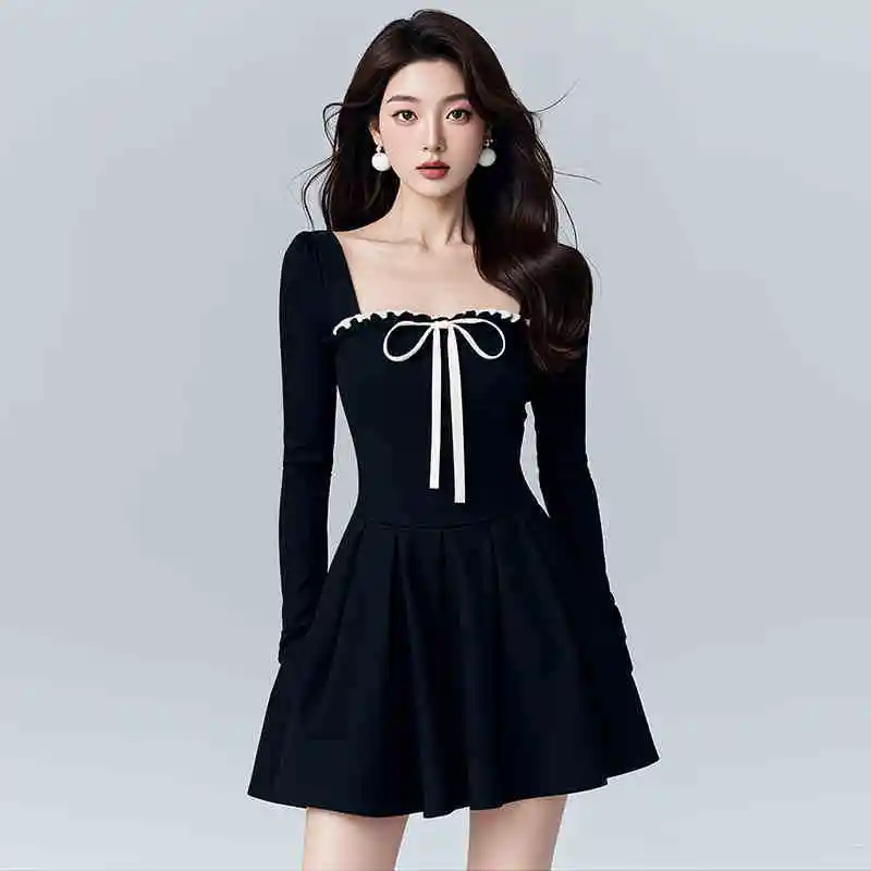 

French Graceful Spring Fall Bowknot Mini Black Dress Women's Long Sleeve Square Collar Dresses 2025 New Dinner Party Gown Female