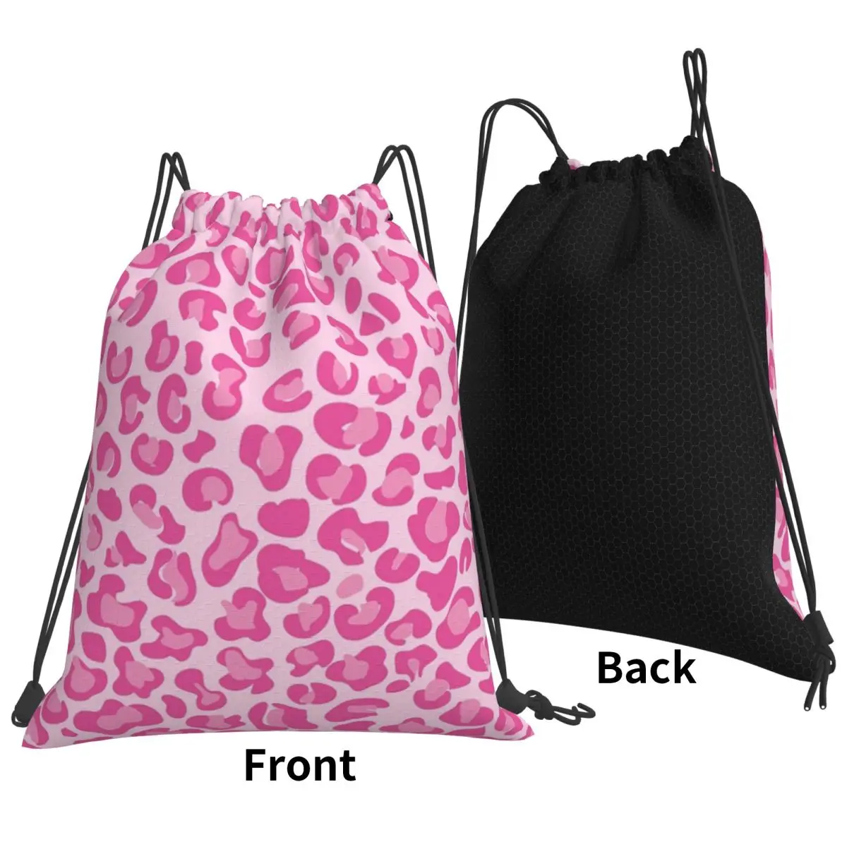 Pink Leopard Print Backpacks Portable Drawstring Bundle Pocket Sports Bag Book Bags for Travel Students