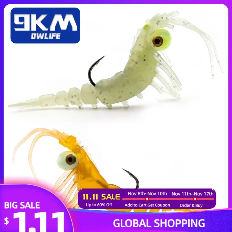 9KM Soft Shrimp Lures 7~8.5g Bass Lures Saltwater Shrimp Bait Swimbait for Slow Sinking Bass Trout Crappie Lure Sharp Hook 7~9cm