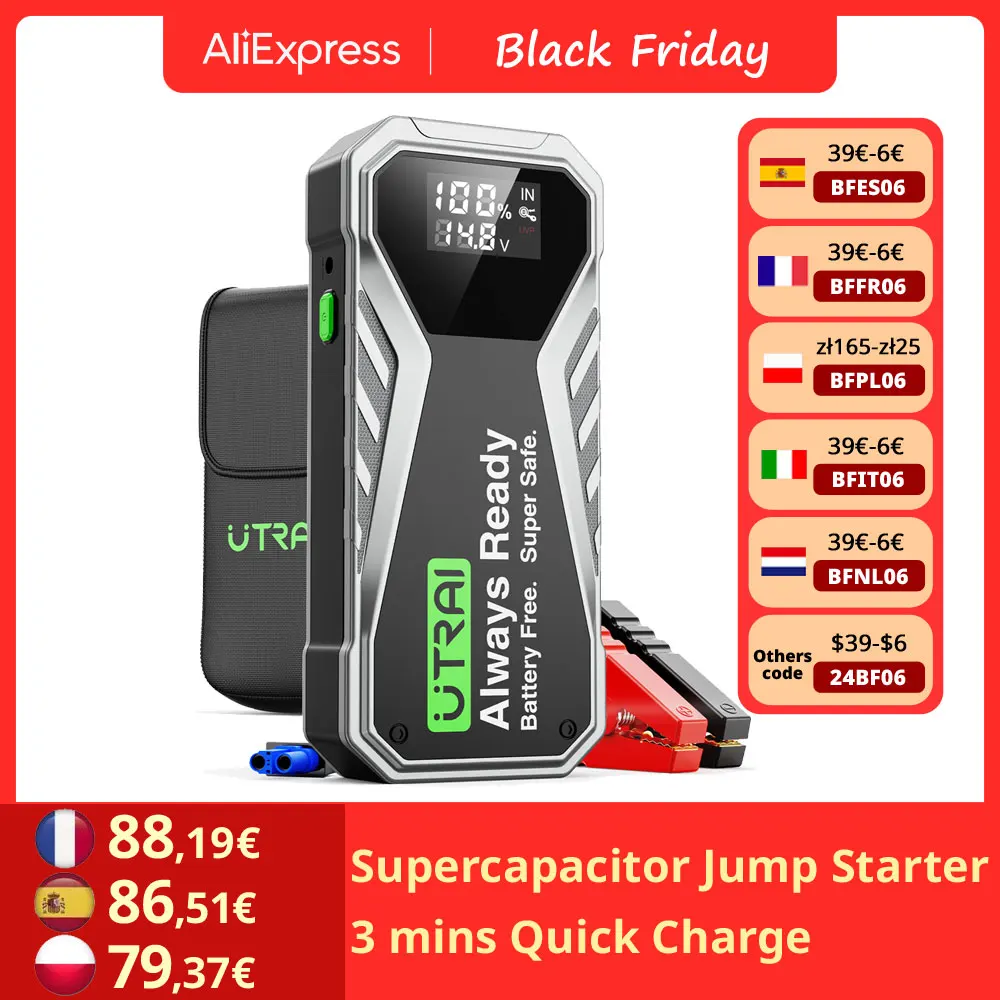 UTRAI Super Capacitor Car Jump Starter Super Safe Battery Less Quick Charge 1000A Portable For Emergency Booster Starting Device