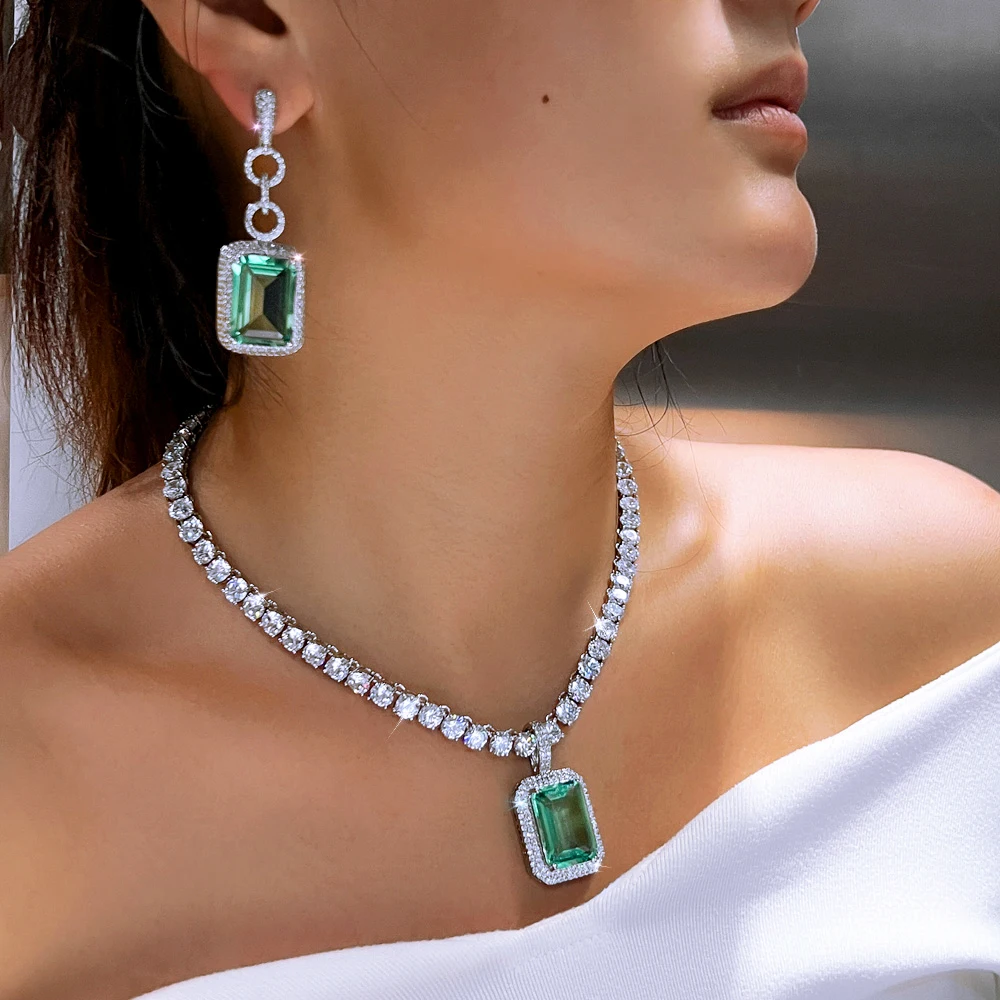 CWWZircons Sparkling Green Cubic Zircon Big Rectangle Tennis Chain Necklace Pendant Earrings Wedding Jewelry Set for Party T0859