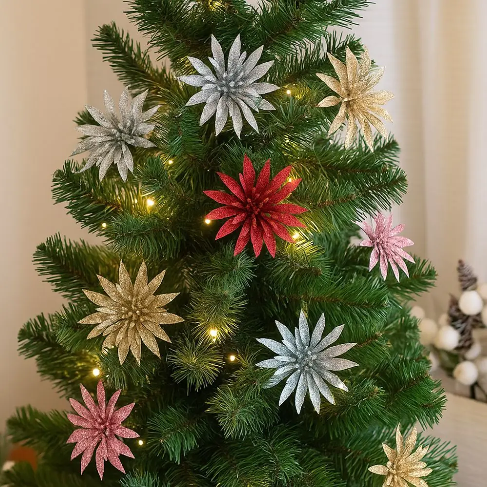

Glitter Artificial Christmas Flower Realistic DIY Christmas Poinsettia Plastic Handmade Xmas Decorative Flowers Home Party Decor
