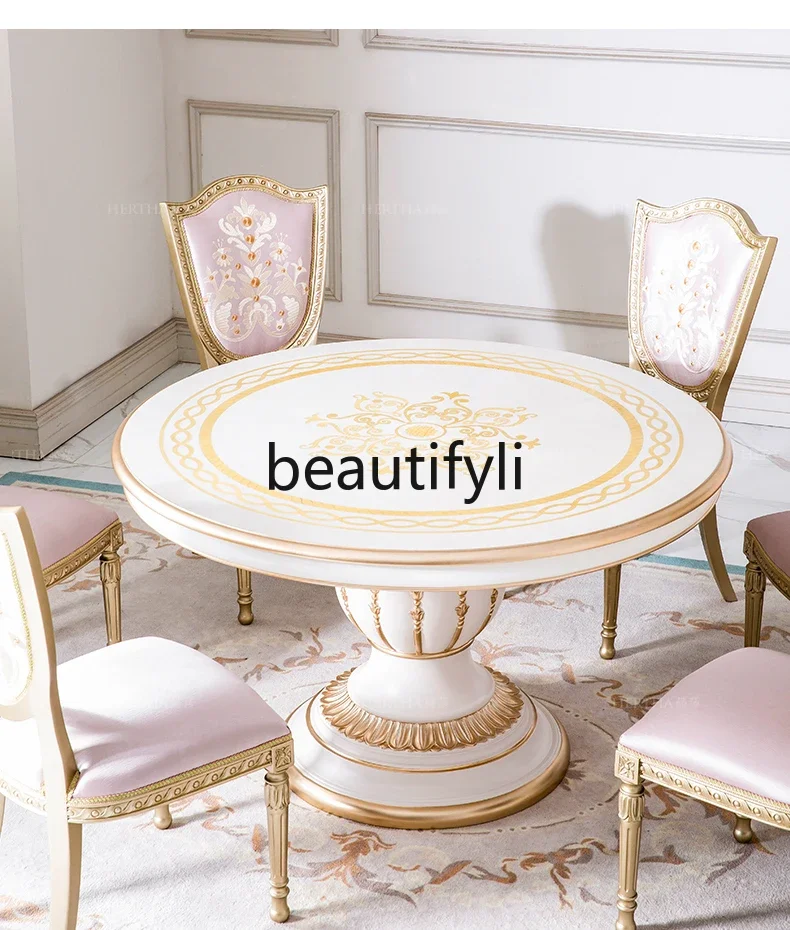 

A38 Rococo small French cream wind 1.3M round dining table and chairs beech six people high-end