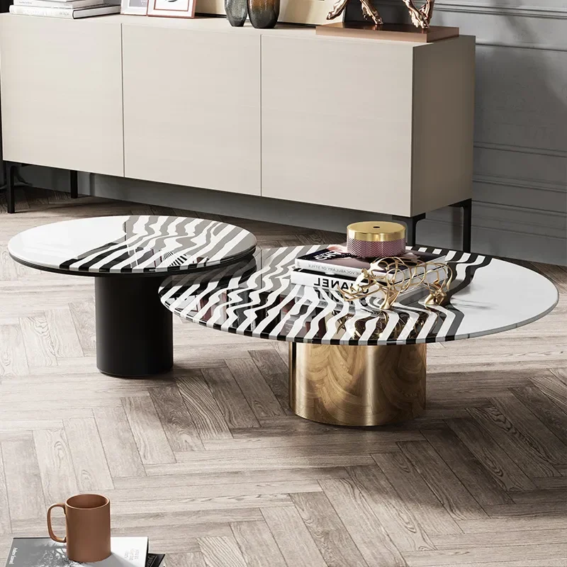 Rock Slab Coffee Table Round Zebra Pattern Light Luxury Modern Simple Creative Designer Furniture Combination