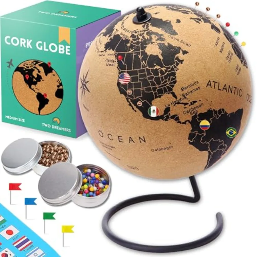 

Medium Cork Globe 9.4" Tall Perfect Gift for Travelers World Travel Map with Metallic Colored and National Flag Pins 3D World M