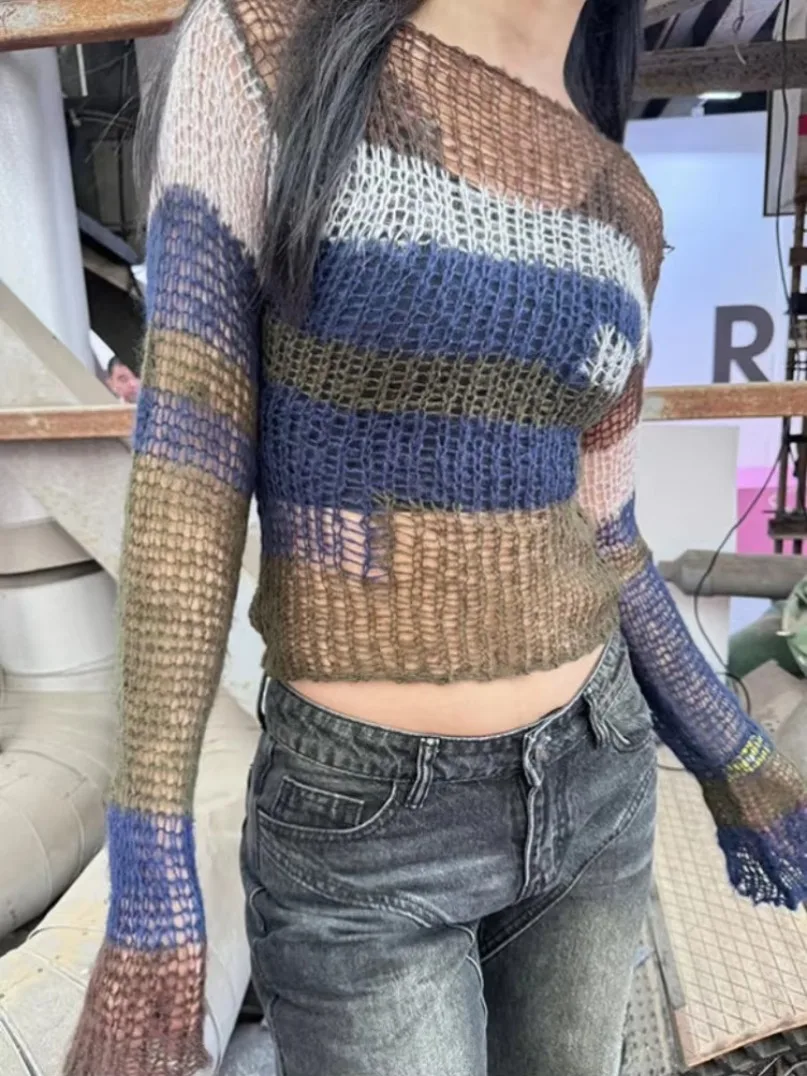 Gótico oco para fora camisola de malha feminina ver através y2k topos estéticos contraste cor listra pulôver grunge streetwear capas