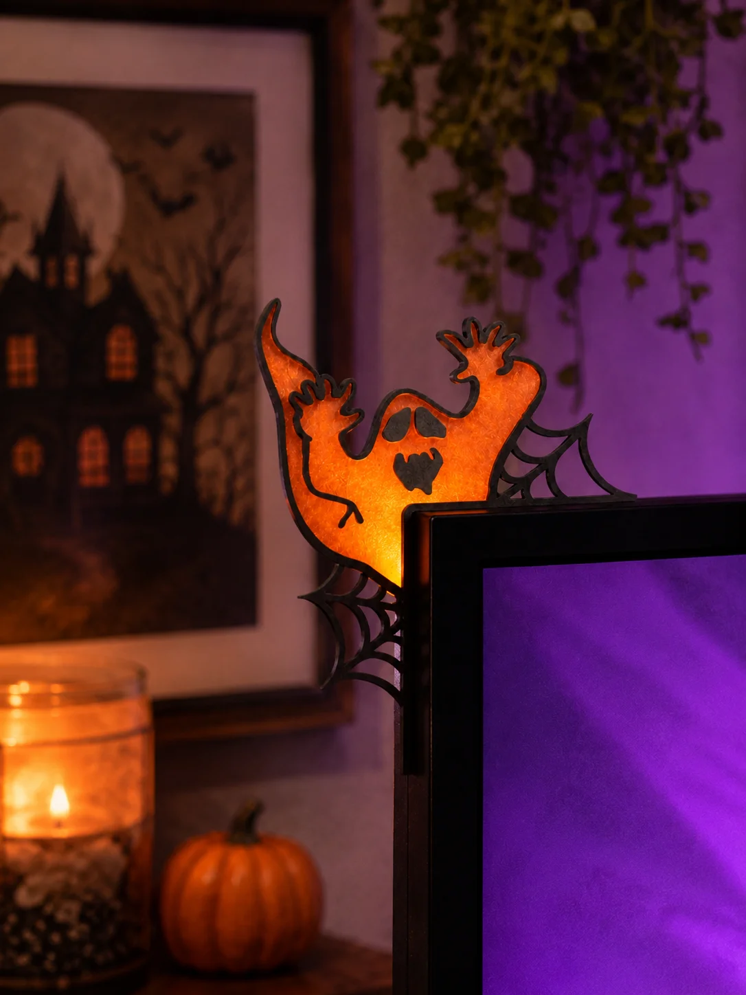Halloween Monitor Corner Decor Ghost Bat Blood Moon Spider Web Ornament Spooky Home Desk PC Screen Edge Hanging Sign Party Gift