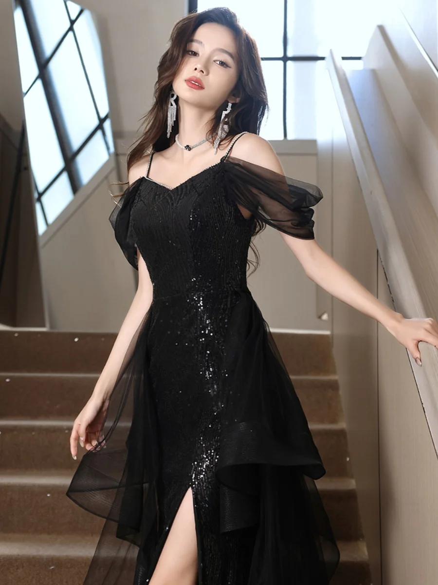 

Ele Bla-oulder Princ Dr Sexy Zipper Sle Midi Skirt for Student aduation Art Exam Banquet Long Skirt