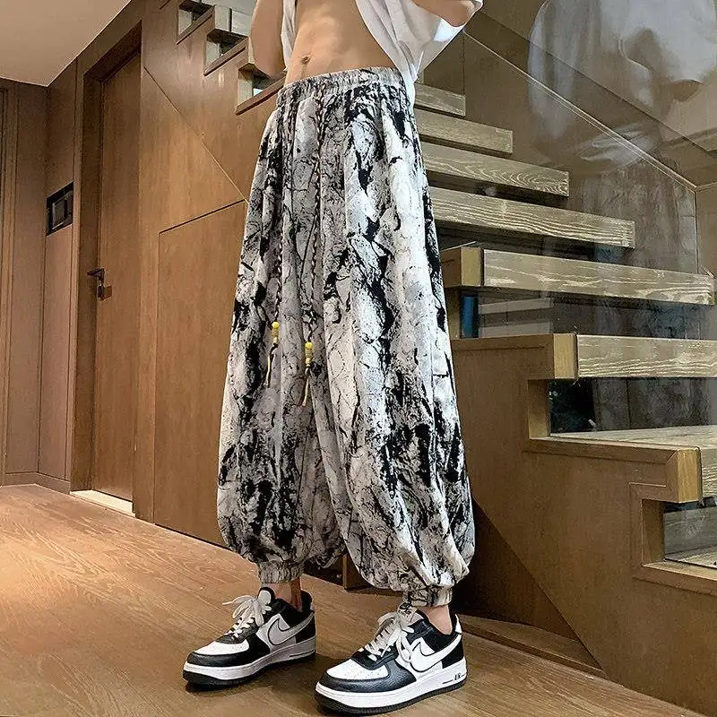 

New Chinese Sle Ice Silk Lantern Pants Men's Summer 2024 Water-Media Dyed Loose Fit Harlan Carrot Pants Ethnic Pattern