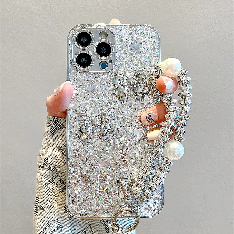 Luxurious Phone Case For iPhone 15 14 13 12 Pro Max electroplated silver glitter Cover for iphone 11 love bow case with Bracelet
