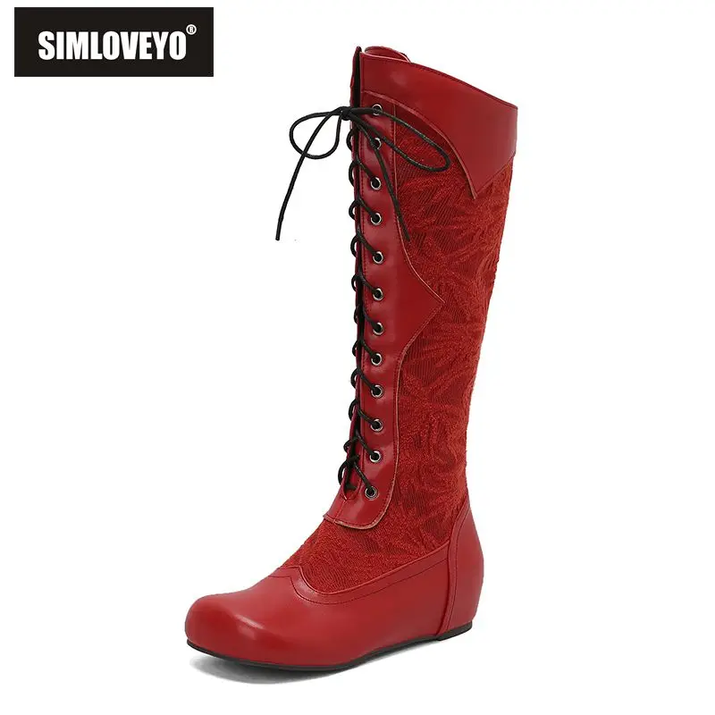 

SIMLOVEYO 2025 Женские сапоги до колена с круглым носком и подъемом 4 см на шнуровке, большой размер 44 45 48 46 47 49 50 Модный мягкий черный белый цвет