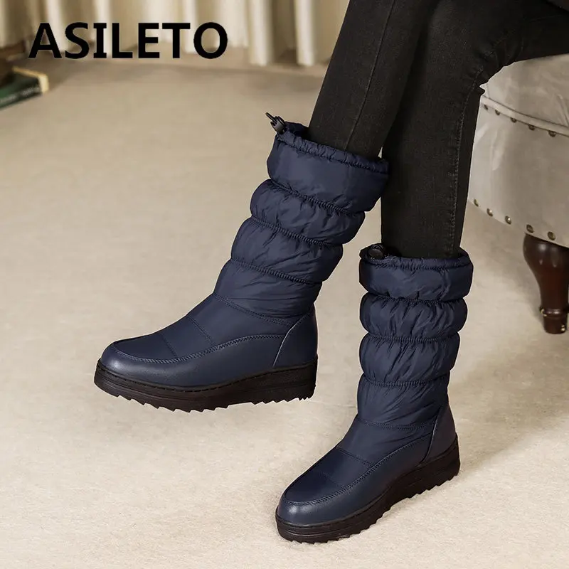 ASILETO sepatu bot salju untuk wanita, sepatu bot hangat betis sedang, Wedges bulu 4cm elastis santai harian ukuran besar 41 42 43 44