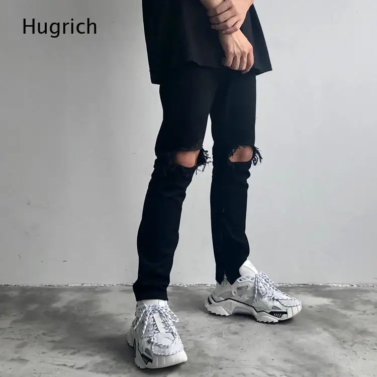 Destroyed Knee Distressed Matte Black Slim Fit Ankle Slit Zipper Club Daily Punk Casual Skinny Pants