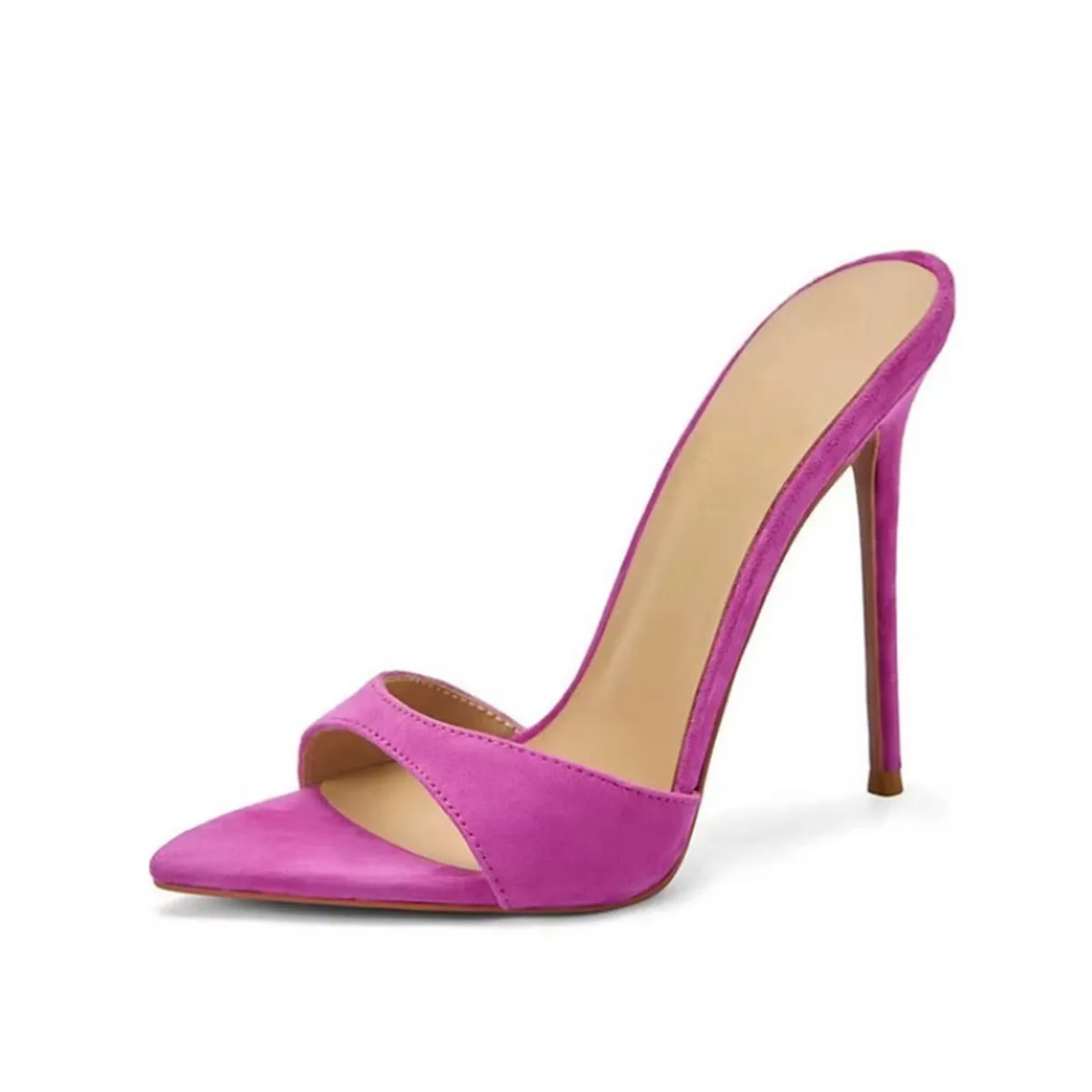 

Arden Furtado Summer rose suede Thin heels Peep toe Mules pointed Slip-on Super high heel Word slippers large size Banquet shoes