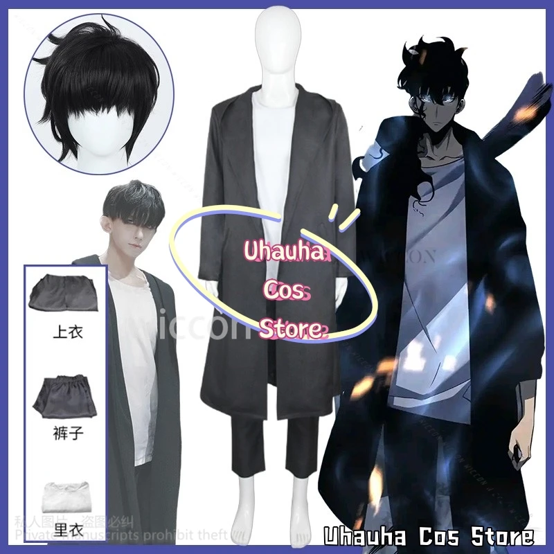 

Аниме 나 혼자 Valle 레벨업 Solo Leveling Косплей Sung Jin Woo Костюм Черный плащ с капюшоном Парик Костюм для мужчин Хэллоуин Cos Индивидуальный