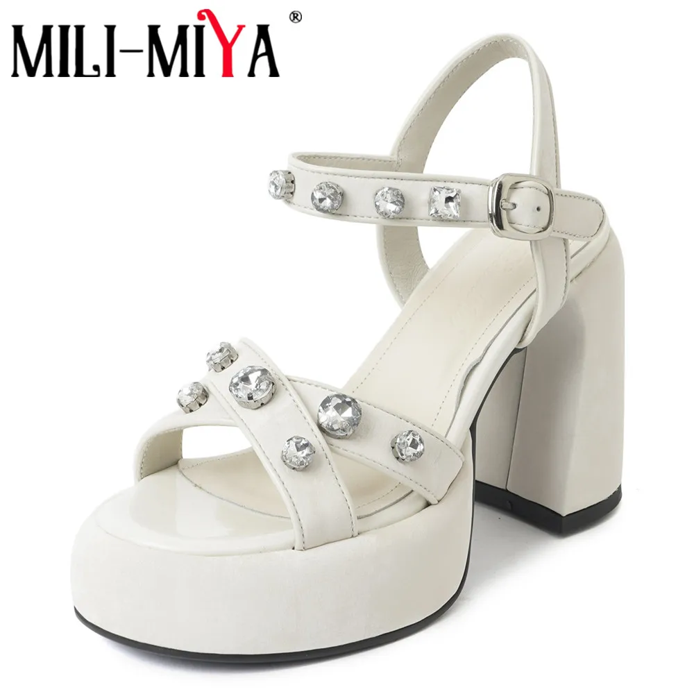 MILI-MIYA Fashion Platform Women Cow Leather Sandals Super High Thick Heels Round Toe Buckle Strap Dress Party Summer Shoes