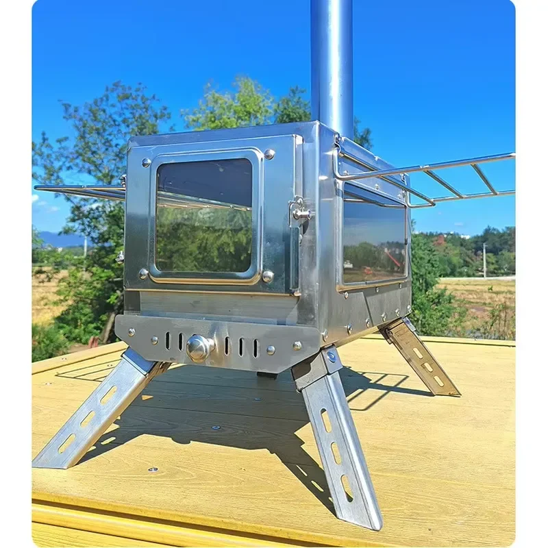 2024 New Tent Stove Heater for Outdoor Camping Three-Sided Glass Fire Watching Wood Burning Stove for Tents