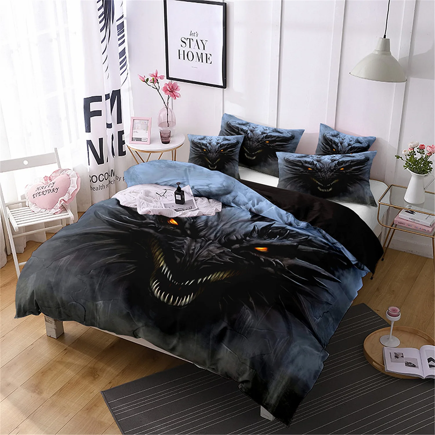 Dragon Duvet Cover Set 3D Flying Dragon Printed Bedding Quilt Cover Set 3 Pieces Soft Microfiber Bedding Quilt Cover with Zipper