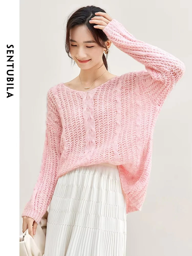 SENTUBILA Hollowe Out Cable-knit Sweater for Women 2024 Autumn Fashion Knit Long Batwing Sleeve Top V-neck Loose Jumpers Woman