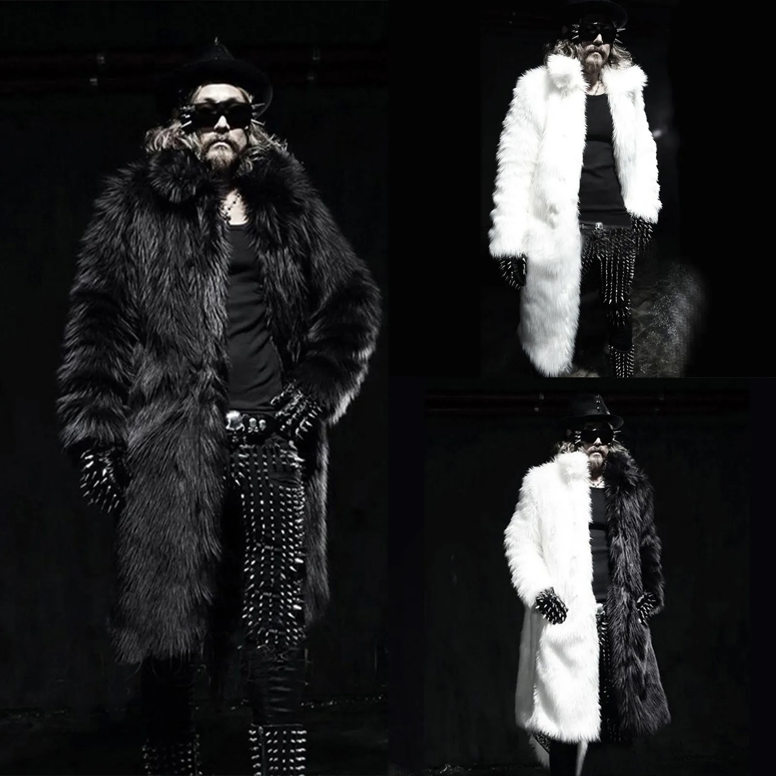 Men's Fashion Trend Personalized Imitation Fur Long Fur Coat Black and White Patchwork Fur Coats Men's Winter Warm Long Jacket