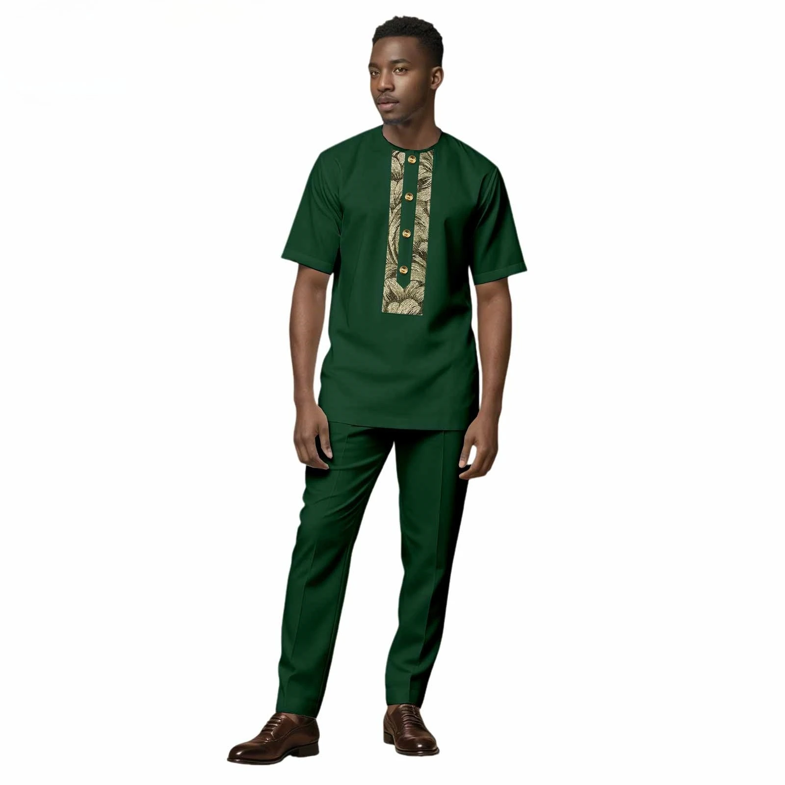 

New African Ethnic Print All-cotton Men's Suit - Short Sleeves + Long Pants Veste Homme Costume 2 Pieces Suit for Man