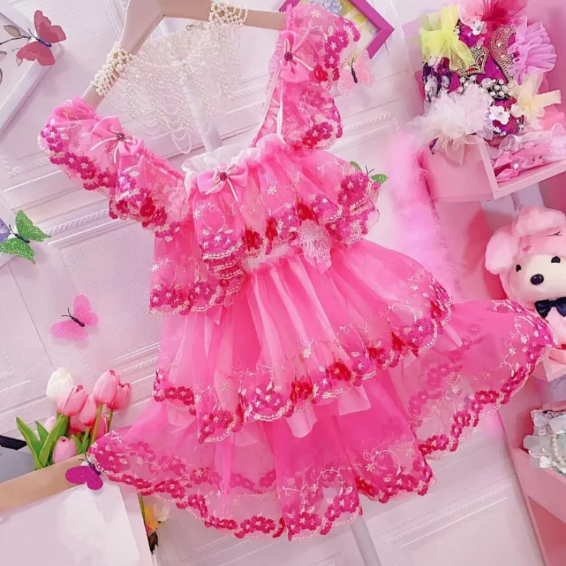 Robe JSK rose à volants en dentelle avec nœud papillon pour fille, mini robe bouffante en tulle, robe de demoiselle d'honneur, habillage croisé, douce, douce, sexy, ABDL, COS