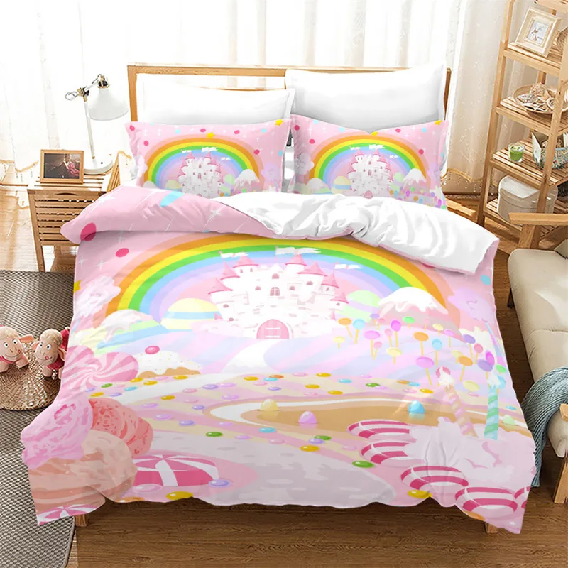 

Kawaii Cartoon Rainbow Duvet Cover Set for Girls, Twin Size with Clouds, Stars and Animal Prints