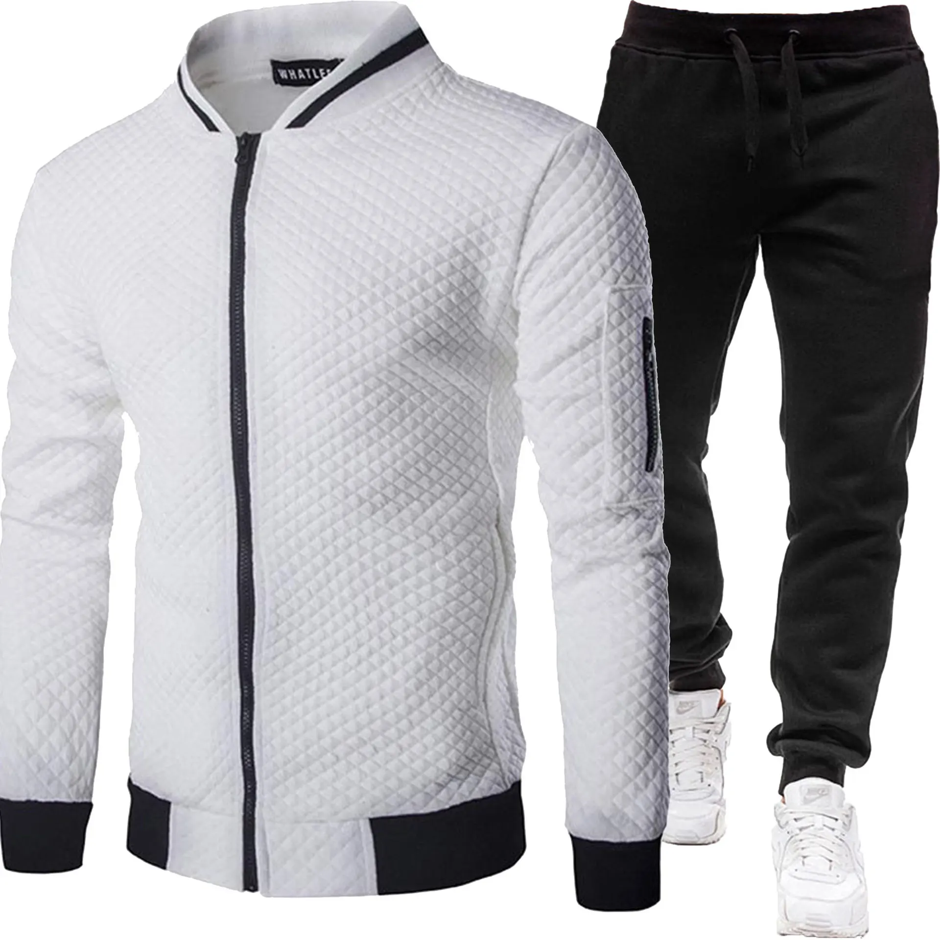 Herren Gesteppte Bomberjacke Trainingsanzug Herbst Winter Reißverschluss-Cardigan Sweatshirt Jogginghose Zweiteiliges Casual Sportbekleidungs-Set – Detail 7