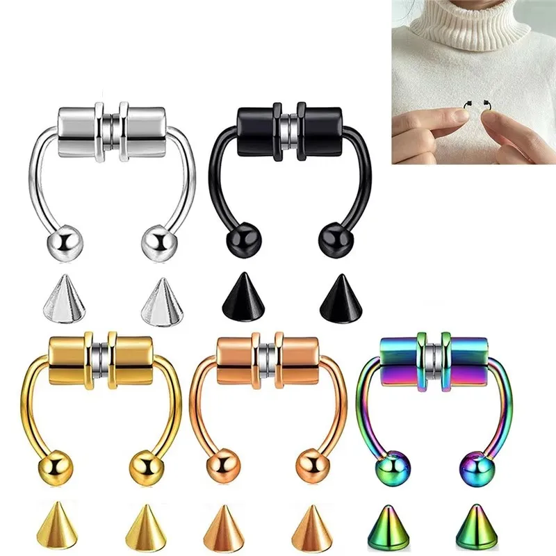 1/2/5Pcs Women Fake Piercing Nose Ring Hoop Septum Non Piercing Nose Clip Rock HipHoop Stainless Steel Magnet Fashion Punk Body