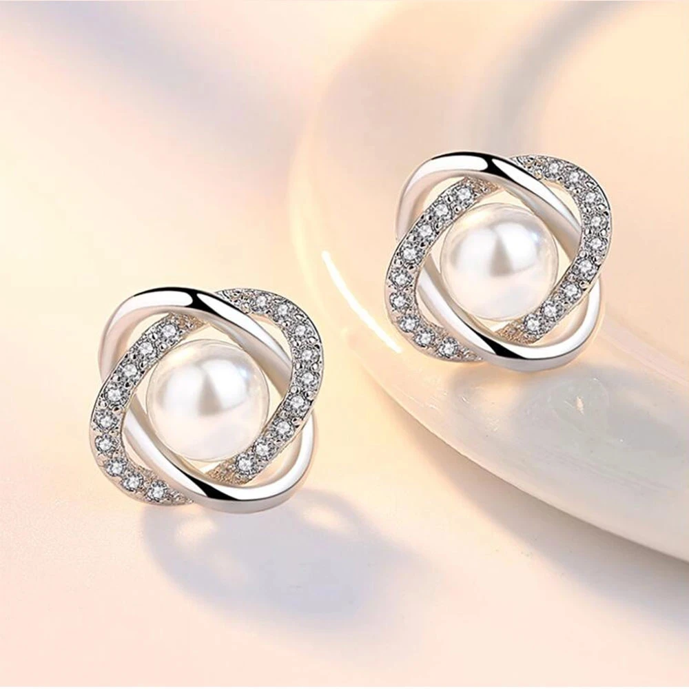 Upscale 925 Silver Needle Earrings Zircon Pearl Twist Luxury Stud Earrings for Women Brincos Pendientes Bijoux