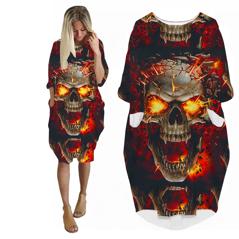 SONSPEE 2022 New Horror Hell Demon Skull Women's Dress Amazing Designs Custom Casual Trend Loose Long Sleeve Pocket Skirt Female