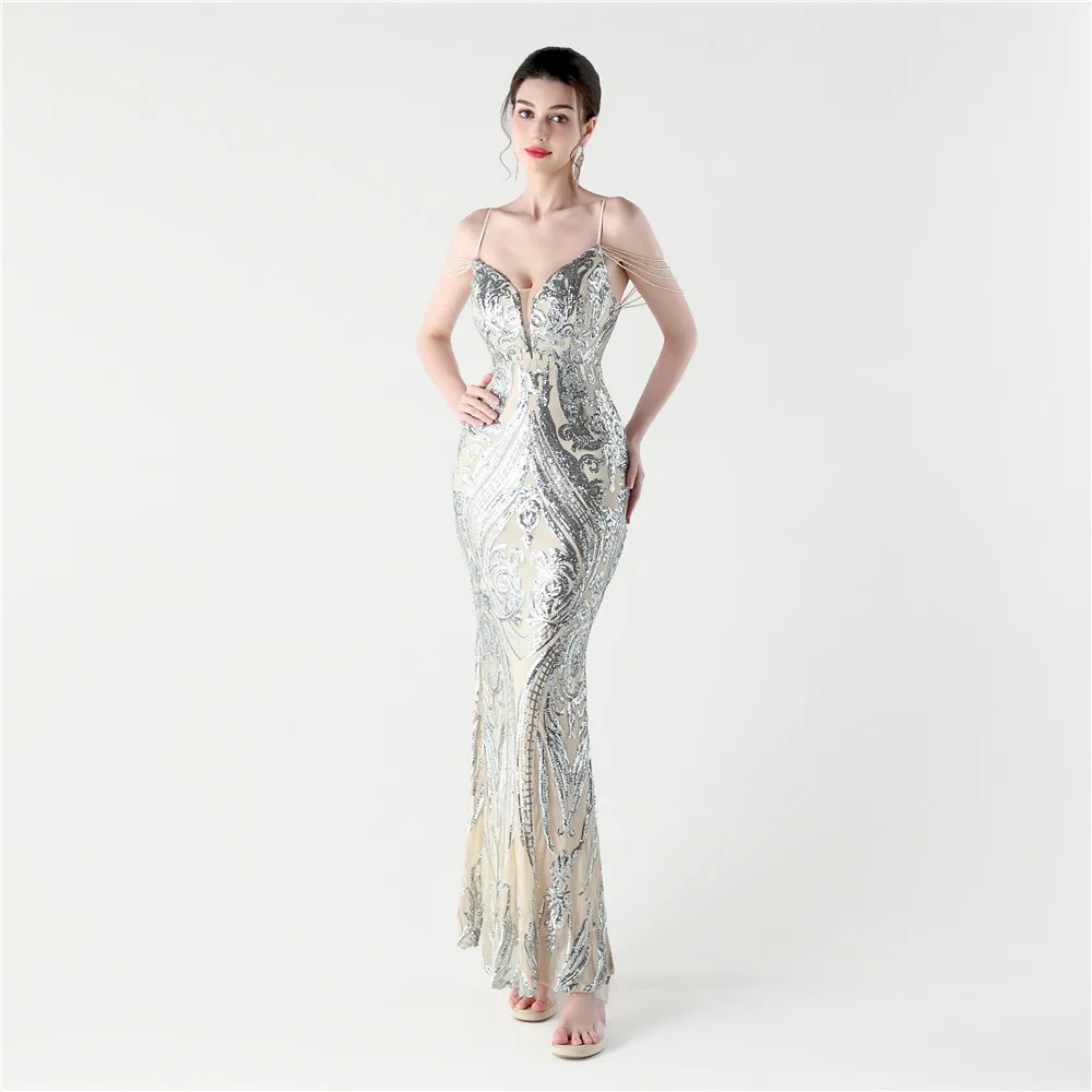 

Silver Prom Dresses Beading Straps Deep V neck Sequined Lace Evening Gown PatternLace Sequin Sexy Woman Formal Dress Chic