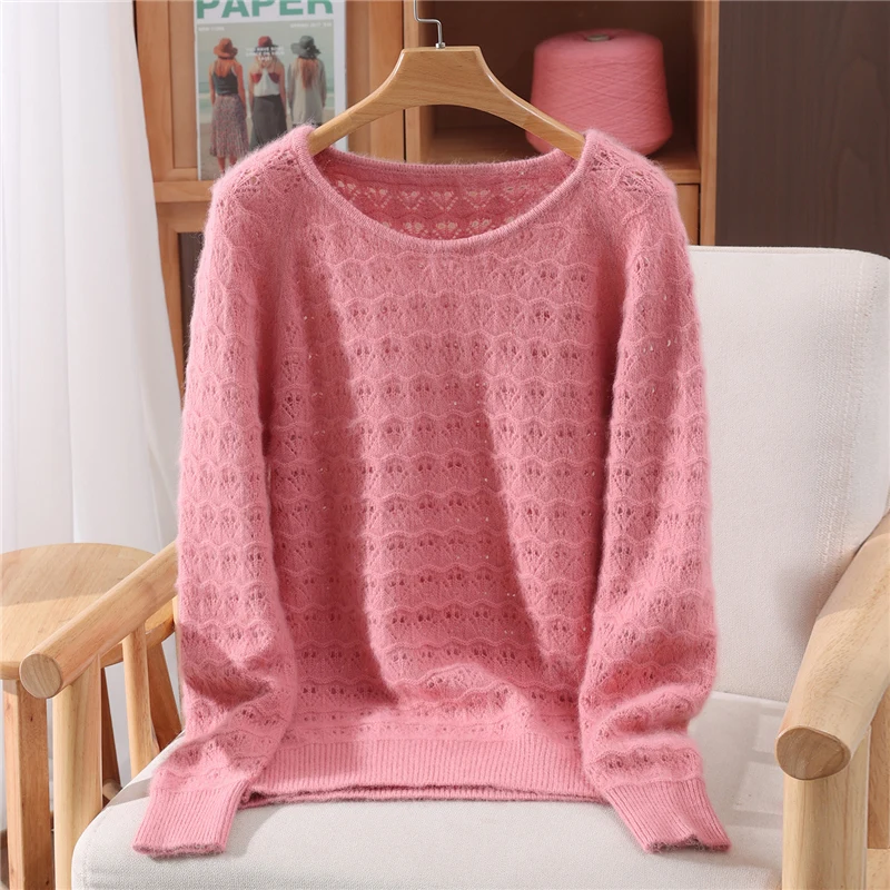 Damski sweter z czystego kaszmiru norkowego, jesienno-zimowy, nowy, jednolity kolor, prosty, z okrągłym dekoltem, ażurowy, modny top, miękki pulower.