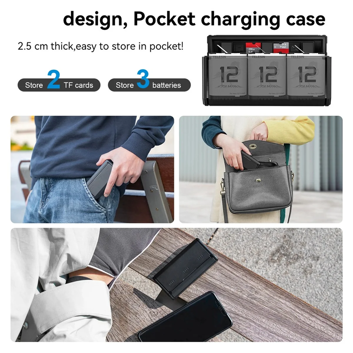 

ABEP-TELESIN for Gopro Hero 12/11/10/9 3 Slots Charger Set Portable Charging Case