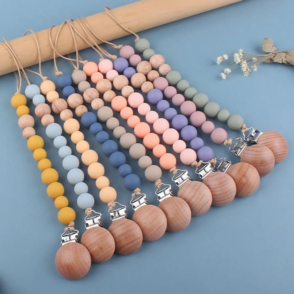 Dummy Clips Pacifier Holder Clips Wooden Bead Soother Holder Baby Pacifier Chain Round Nipple Holder Clips