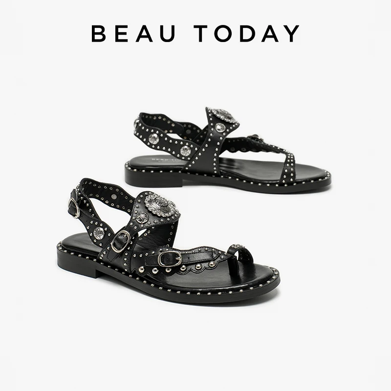 Women's Leather Gladiator Sandals with Floral Metal Detail